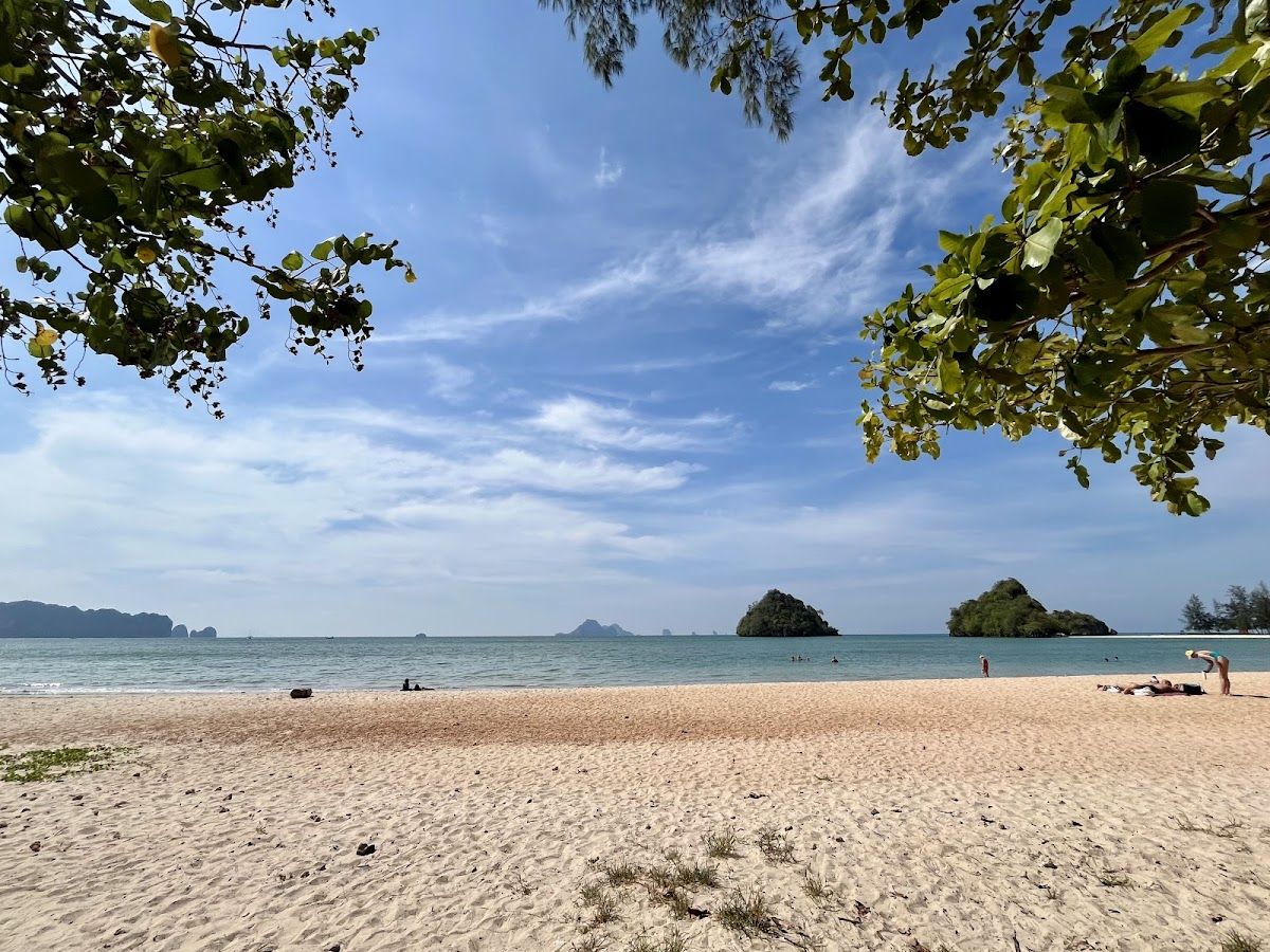 Nopparat Thara Beach near Krabi, a quiet stretch of sand framed by trees with small islands offshore