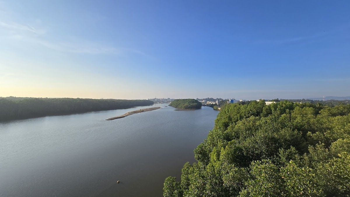 The Krabi River and mangroves seen from the Krabi Town riverside, with the town on the horizon